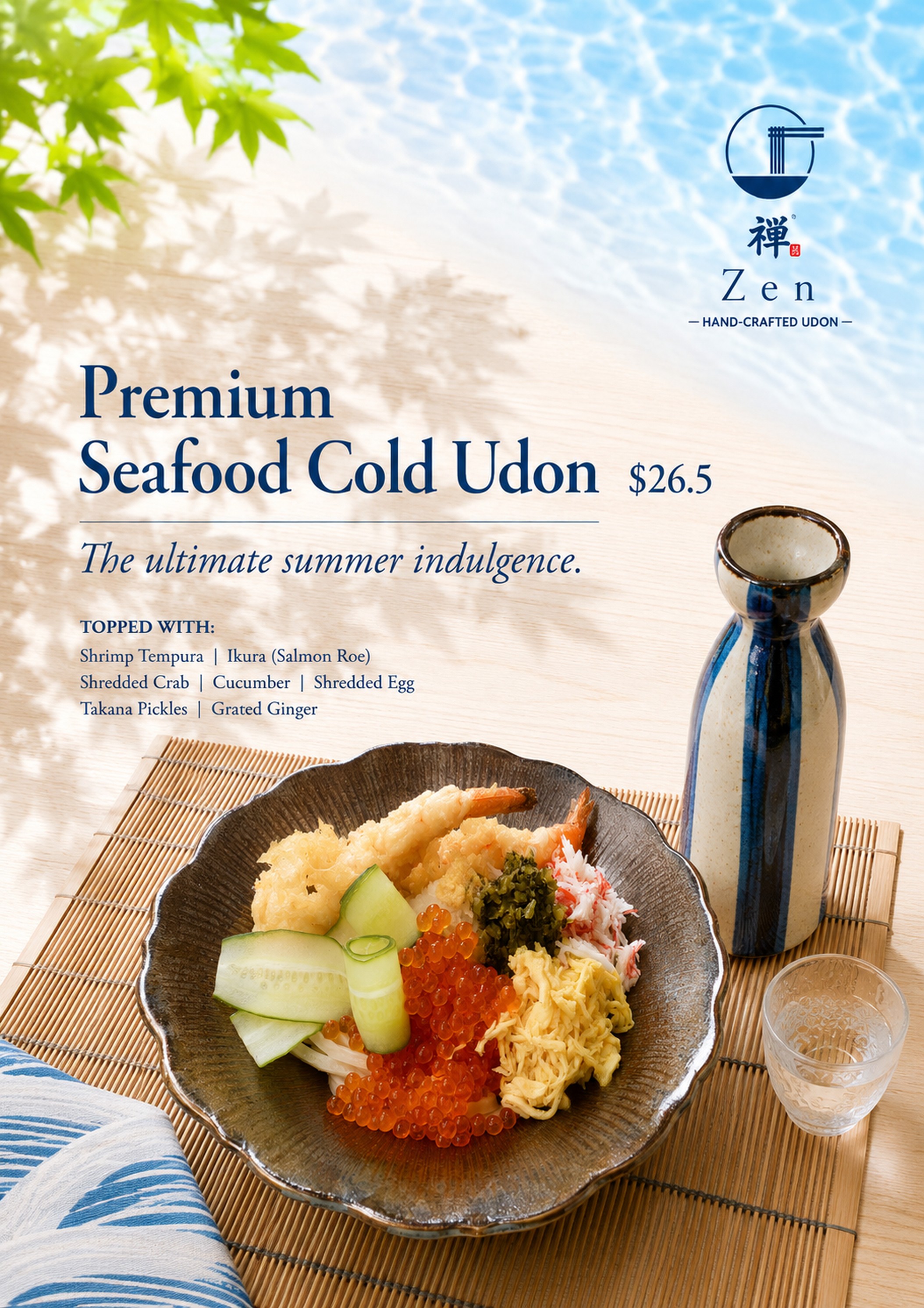 Premium Seafood Cold Udon — the ultimate summer indulgence, $26.50. Topped with shrimp tempura, ikura (salmon roe), shredded crab, cucumber, shredded egg, takana pickles, and grated ginger.